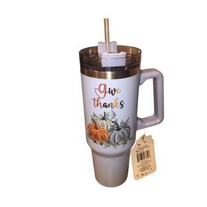 Give Thanks Fall Autumn Thanksgiving 30 Oz.  Travel Tumbler With Straw New W/Tag